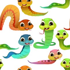 Cheerful baby snake. Seamless pattern. Cartoon style illustration. Cute childish character. Isolated on white background. Vector