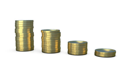 Golden coin stacks, decline tendency concept, 3D illustration
