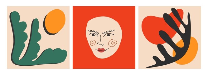 Hand drawn Abstract shapes, poster set. Vector illustrations, cartoon style, flat design. All elements are isolated. Square posters, logo templates.