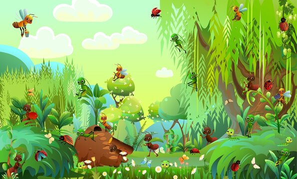 Fairy tale landscape forest glade. Little funny insects live. Butterflies among flowers. Ant, ladybug and caterpillar. Colorado potato beetle, bee and grasshopper. Cute cartoon style. Vector