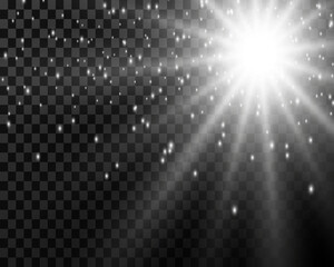 Sunlight glare special light effect... Sunbeams with rays, stars, glitter and dust, on transparent background