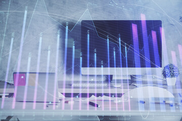 Multi exposure of financial graph drawing and office interior background. Concept of market analysis.