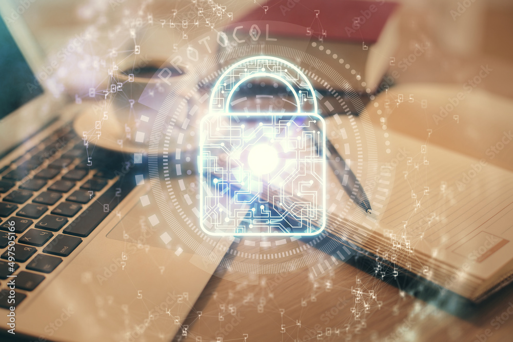 Poster Double exposure of lock drawing and desktop with coffee and items on table background. Concept of securitization.