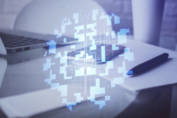 Double exposure of data theme drawing and mobile phone background. Concept of innovation