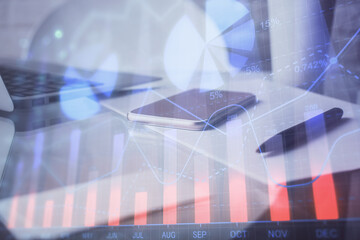 Double exposure of forex graph drawing and cell phone background. Concept of financial data analysis