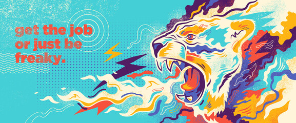 Abstract illustration in graffiti style with lion's head and colorful splashing shapes. Vector illustration. © Radoman Durkovic