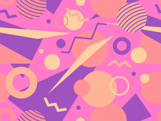 Memphis seamless pattern with geometric shapes in 80s style. Geometric retro pattern. Abstract background design for brochures, banners and promotional items. Vector illustration