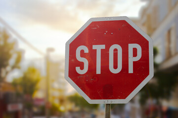 stop sign in the city while dawn - obrazy, fototapety, plakaty