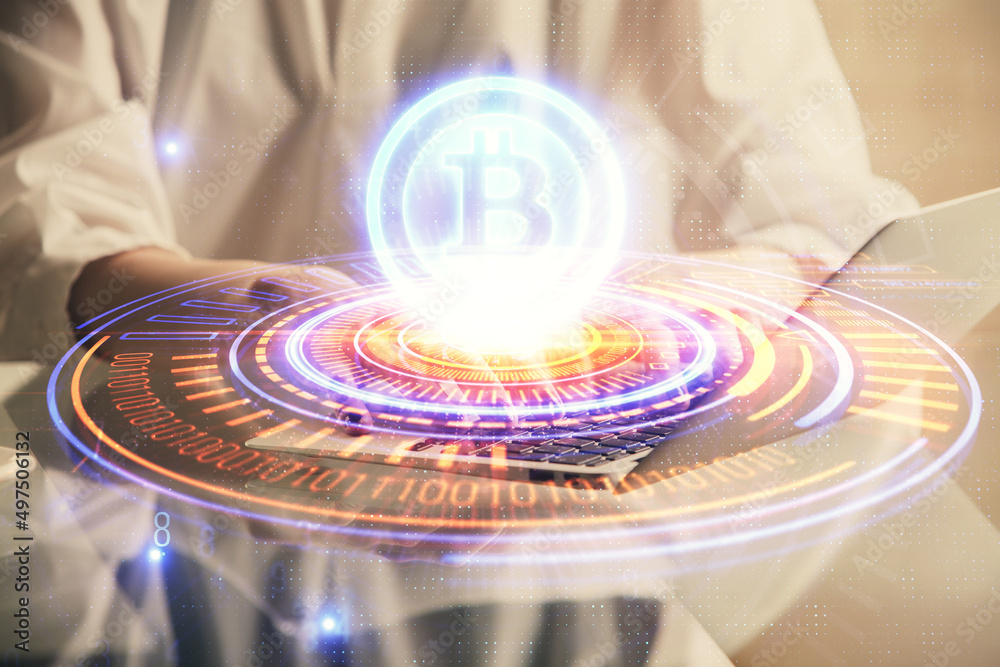 Poster double exposure of woman hands typing on computer and crypto market theme hologram drawing. blockcha