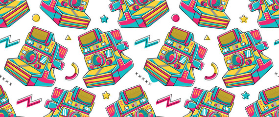 Naklejka premium 90's Vibe Vintage Camera Seamless Pattern
