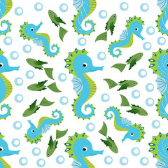 Fototapeta premium Seahorse and starfish seamless pattern. Sea life summer background. Cute sea life. Design for fabric and decor