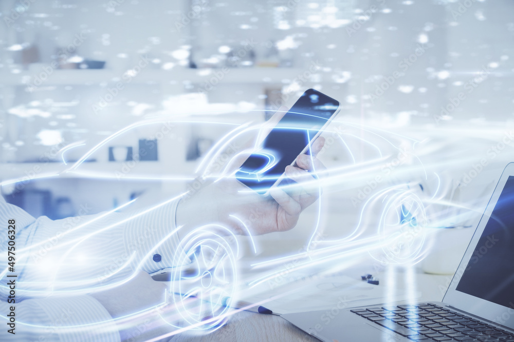 Aufkleber Double exposure of man's hands holding and using a digital device and automobile theme hologram drawing. Technology concept.