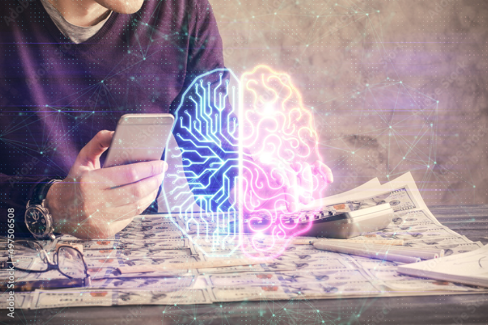 Poster Double exposure of man's hand holding and using a digital device and brain hologram drawing. Data concept.