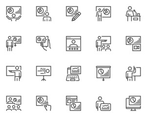 Set of Vector Line Icons Related to Business Presentations. Report in the Conference Room at The Seminar. Presenter, Audience, Growth Analysis. Editable Stroke. 48x48 Pixel Perfect.
