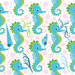 Seahorse and starfish seamless pattern. Sea life summer background. Cute sea life. Design for fabric and decor