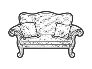 cozy vintage sofa with pillows sketch engraving vector illustration. T-shirt apparel print design. Scratch board imitation. Black and white hand drawn image.