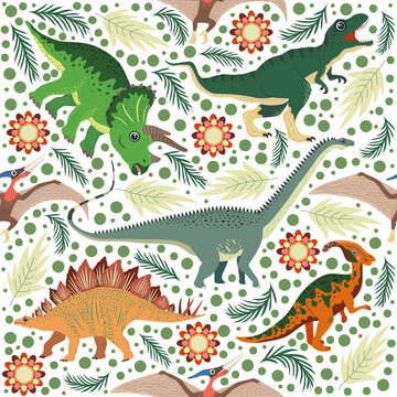 Hand drawn seamless pattern with dinosaurs and tropical leaves and flowers. Cute dino design. © MichiruKayo