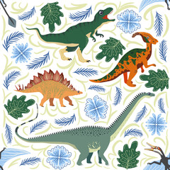 Hand drawn seamless pattern with dinosaurs and tropical leaves and flowers. Cute dino design.