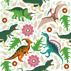 Hand drawn seamless pattern with dinosaurs and tropical leaves and flowers. Cute dino design.