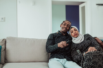 African Couple Sitting On Sofa Watching TV Together. Woman Wearing Islamic Hijab Clothes