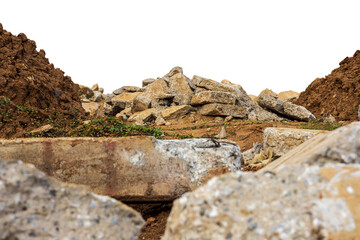 A pile of rubble isolates of concrete blocks obtained from demolition of an old road.