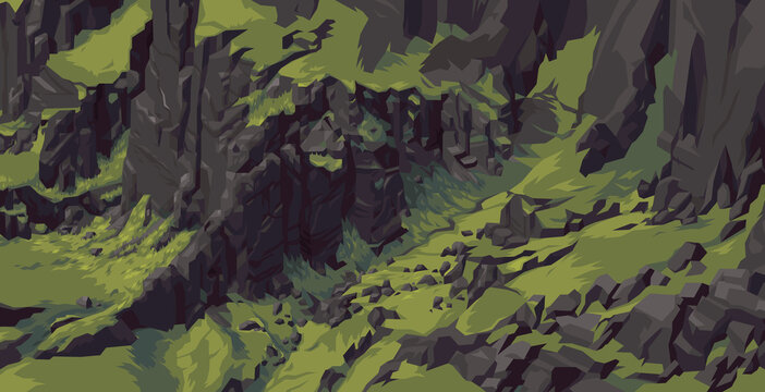 Rocky rocks on slope. Scandinavian background of rough rocks with greenery imh. A rock or stony slope or wall. Flat picture rough rocks on slope. Wild rocky terrain canyon. Vector illustration of rock