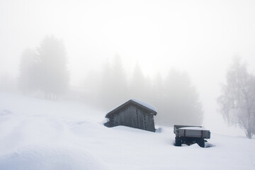 Landscape photo of a small cottage in mountains