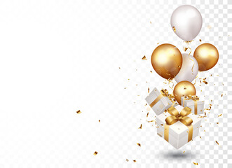 gift box with gold confetti and balloons, isolated on transparent background - 497509723