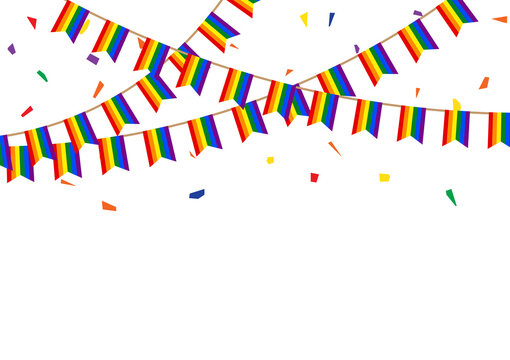 Rainbow Bunting Flags And Confetti Isolated On White Background. Concept Of LGBT Celebration, Pride Month.