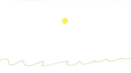 Small yellow sun with green sea waves. Hand drawn nature abstract minimalism drawing
