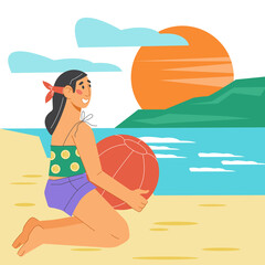 Woman enjoys summer vacation at beach, sitting on seashore with a ball, flat vector.
