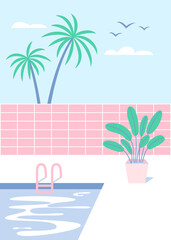 Fototapeta na wymiar Mid century modern house with palm trees and pool