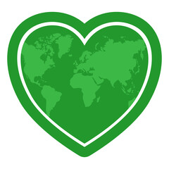 Green heart shaped planet earth inside a green heart frame.