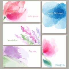 watercolor design business cards, greeting card watercolor flowers and leaves on a white background. Design business cards, greeting card, a set of 5 backgrounds