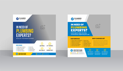 Plumbing service social media post design. Professional plumbing service flyer poster template.