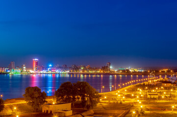 Kremlin embankment in the rays of night lights. Kazan. Tatarstan.