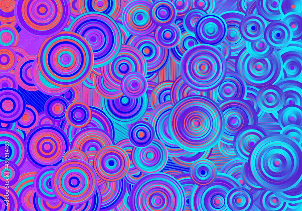 Poster Abstract psychedelic background with circles and lines of various widths in retro optical illusion style.