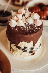 Traditional Ukrainian Easter cake. Traditional dessert. Easter cake stands on a festive table decorated with sweets. Holy Easter