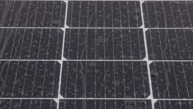 Photovoltaic solar energy panels in rainy seasons. Water raindrops on cell glass