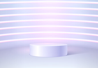 White pedestal or podium with shadow in empty room. Architectural abstraction for product showcase or award ceremony.