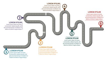 Business workflow roadmap, infographic flat lay style,  in 16:9 wide, HD format on white background with 6 check points
