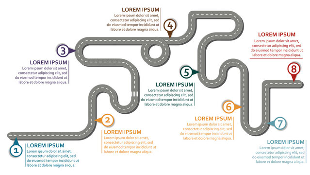 Business workflow roadmap, infographic flat lay style,  in 16:9 wide, HD format on white background with 8 check points