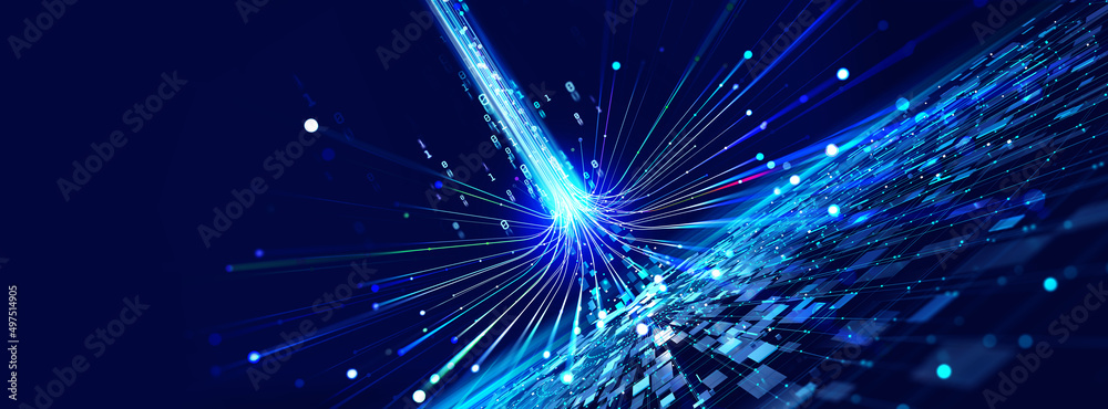 Poster Futuristic data stream 3d illustration. Data transfer technology. Cyberpunk, Big data and cybersecurity. Cyberspace, blockchain transactions. Abstract technological background