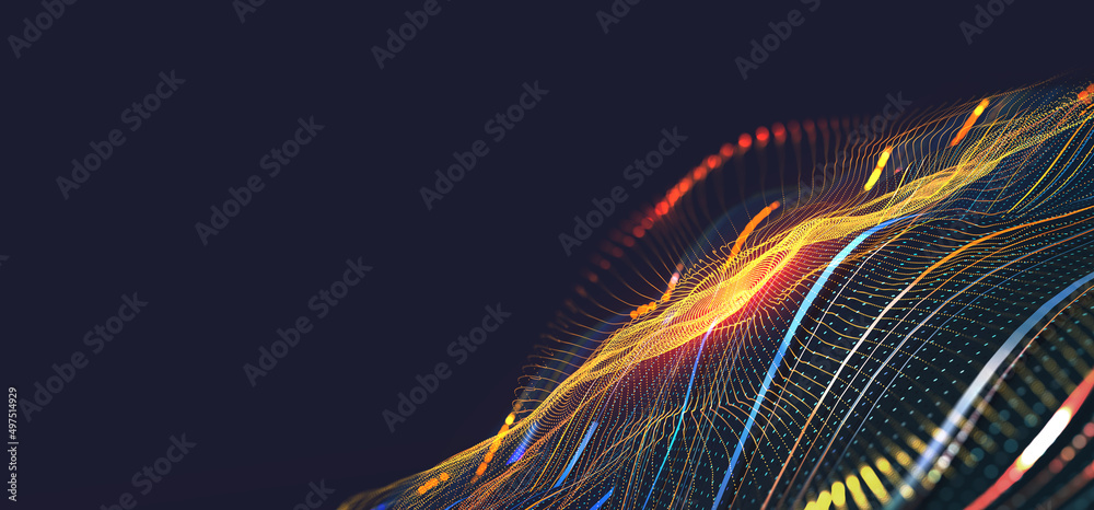 Poster Abstract cyberspace with digital lines, neuron particles background. Big data, artificial intelligence, neural network digital technology concept. 3d illustration of cyber hi-tech