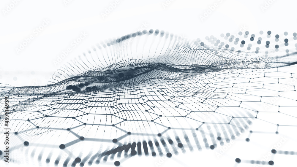Poster Field of information particles. Nano elements and high technology. Big data and cyberspace cells. 3D illustration of artificial intelligence neural network