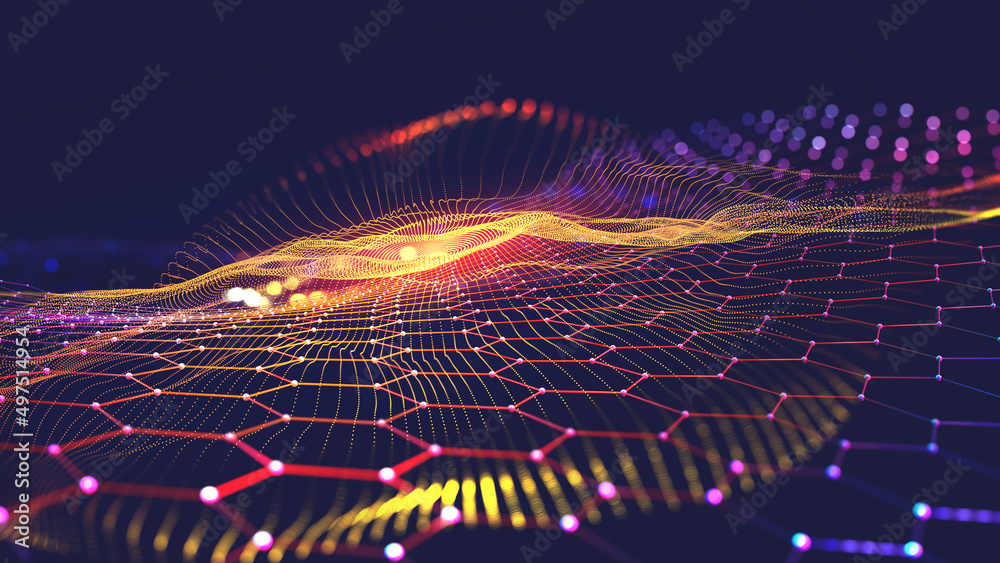 Poster Field of information particles. Nano elements and high technology. Big data and cyberspace cells. 3D illustration of artificial intelligence neural network