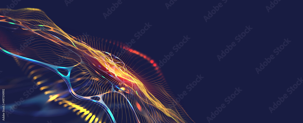 Poster Abstract neural network in big data cyberspace. Digital flow of information impulses. Sound waves and emotions of neon lights. 3D illustration of a plexus of connected particles