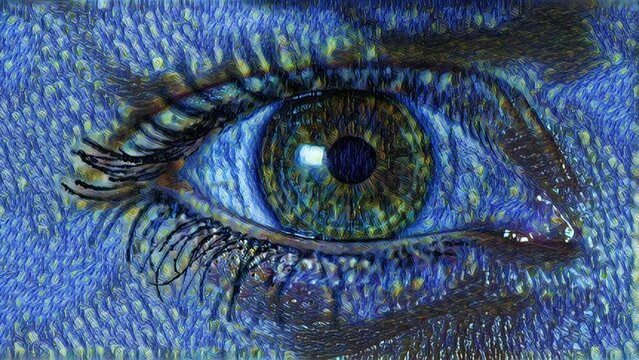Artistic Van Gogh painted animation of moving human female eye. Digital art concept