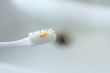 close up bleeding while brushing teeth Gingivitis or periodontitis, bleeding from brushing teeth