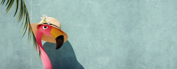 Pink flamingo inflatable with beach hat an palm leaf on turquoise blue wall background 3D Rendering, 3D Illustration © hd3dsh